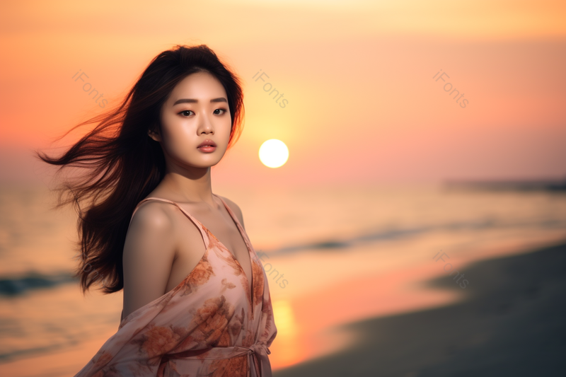 年轻度假中的女孩在落日下,高清,摄影图,摄影图片,图片大全,摄影图免费下载